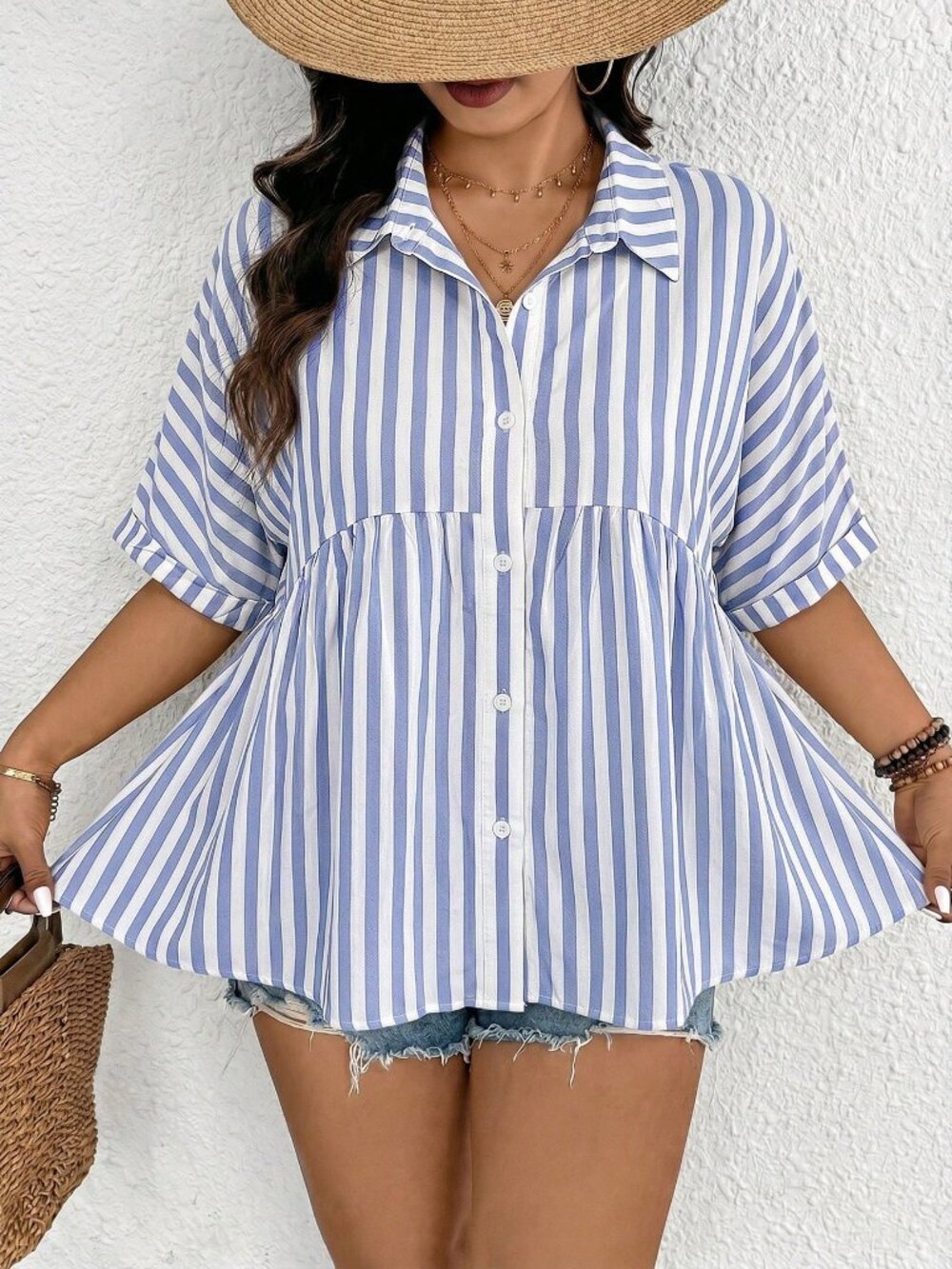 Blue Casual womens Striped Print Button Down Short Sleeve Top - Picture 4 of 7